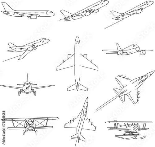 A black and white sketch of various aircrafts including commercial airliners and fighter jets.