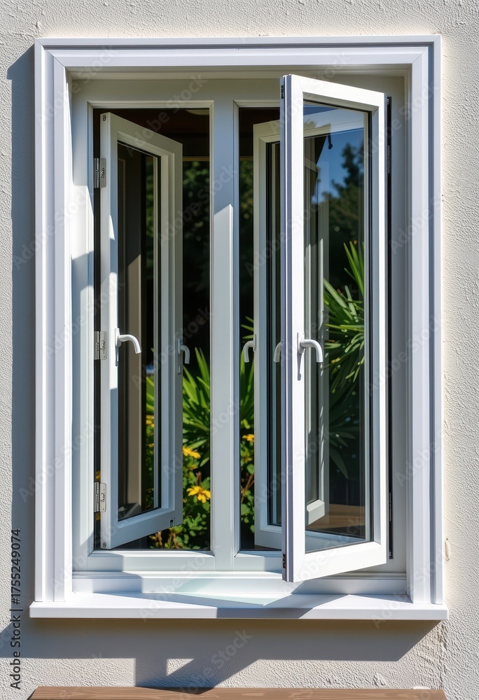 Fototapeta premium Opened white uPVC window frame with clear glass, letting in natural light, building feature, daylight