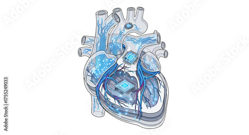 An artistic representation of a futuristic, transparent heart with integrated microchips and glowing blue circuitry, symbolizing advanced medical technology and artificial intelligence in healthcare.
