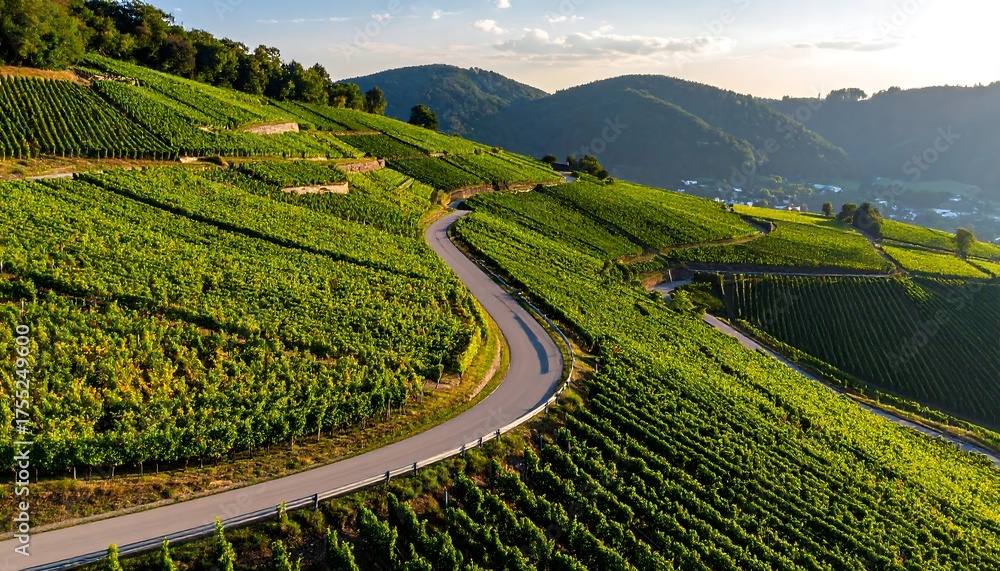 Naklejka premium Vineyard Road - A Scenic Journey Through Lush Green Hills.