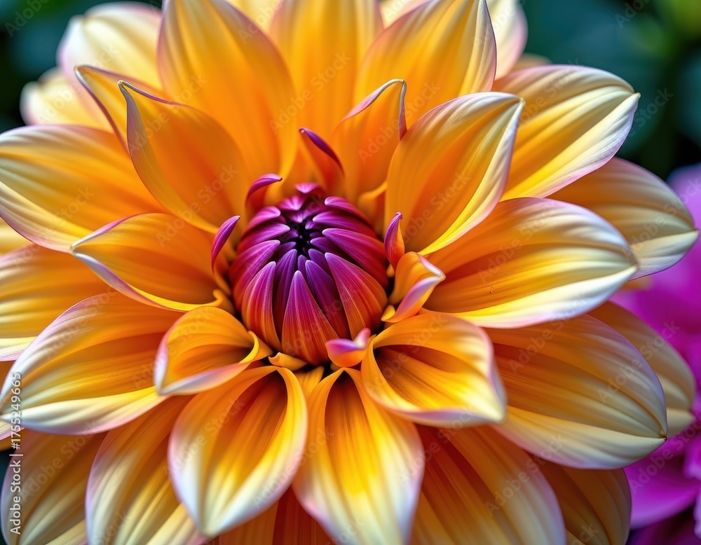 Obraz premium Close-up of a vibrant yellow dahlia bloom, petals unfurling in detail, nature, macro