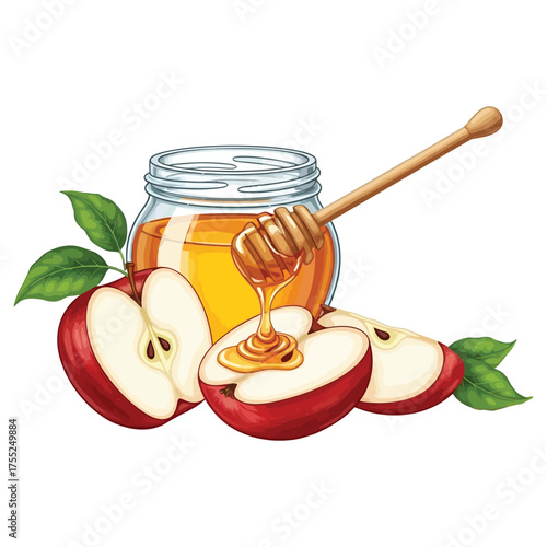 Ripe red apples and a jar of honey with a dipper Keywords: apple, honey, food, fruit, sweet, jar