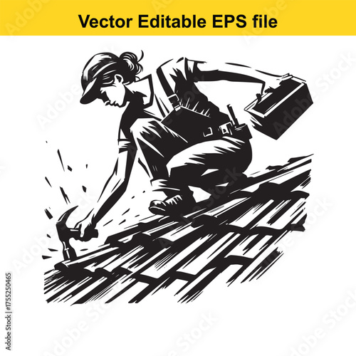 Vector art of female construction worker hammering roof shingles
