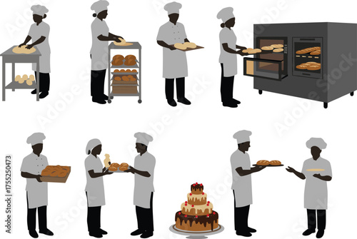 Bakery, baking, bread, cake, silhouette, oven, tray, dough, kneading, teamwork, chef, vector, flat, cad drawing, illustration, process, presentation, rack, stand, cooking, food, icon