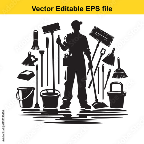 Vector art of cleaner with cleaning tools and supplies