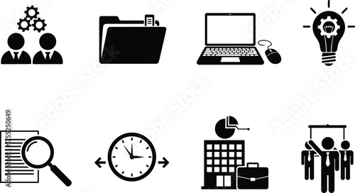  Business productivity icon set, office tools silhouette, teamwork, innovation, recruitment, time management, research, cad drawing flat vector illustration.eps
