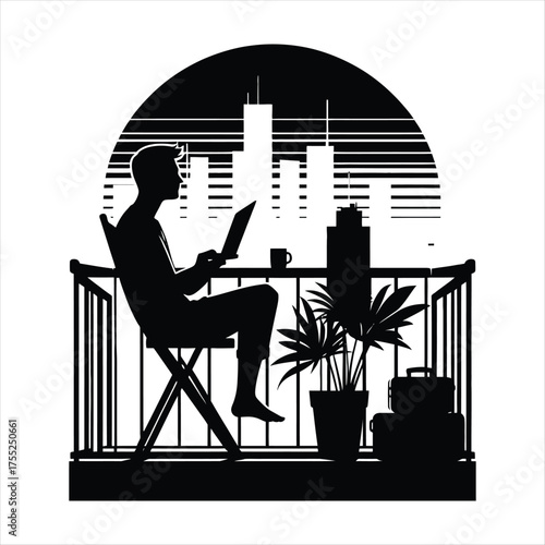 Digital Nomad on Balcony vector silhouette outline logo design concept illustratio