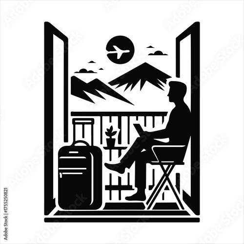 Digital Nomad on Balcony vector silhouette outline logo design concept illustratio