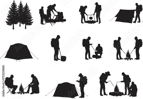  Camping, outdoor, silhouette, tent, campfire, cooking, pine tree, gear, nature, vector, flat, cad drawing, illustration, hiking, adventure, forest, travel, activity, recreation, group, wilderness, ic