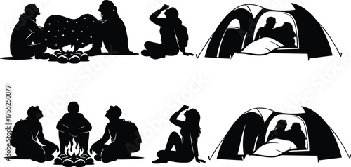 Camping, silhouette, tent, campfire, stargazing, blanket, nature, outdoor, relax, group, vector, flat, cad drawing, illustration, night, activity, icon, forest, rest, mood, story, leisure