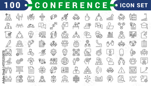 Conference vector icon set collection with business meeting, seminar, discussion, speaker, presentation and professional event