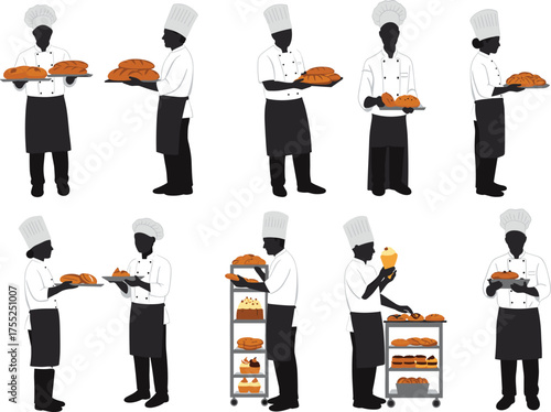 Chefs baking bread and pastries, kitchen teamwork, silhouette cooking scene, culinary presentation, bakery staff, cad drawing flat vector illustration