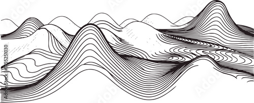 Abstract wavy landscape line art illustration black and white