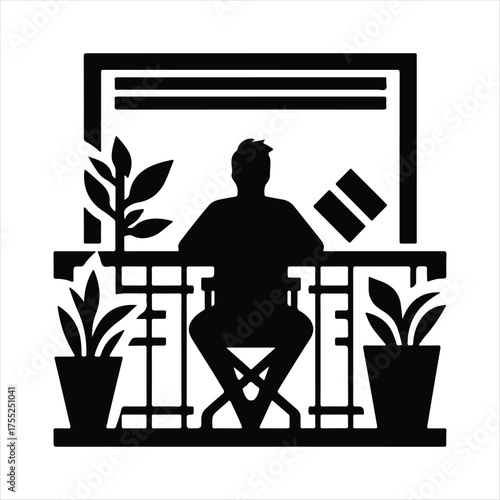 Digital Nomad on Balcony vector silhouette outline logo design concept illustratio