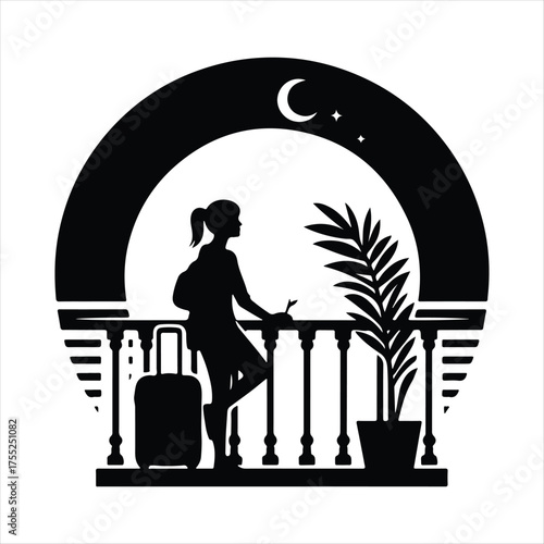 Digital Nomad on Balcony vector silhouette outline logo design concept illustratio