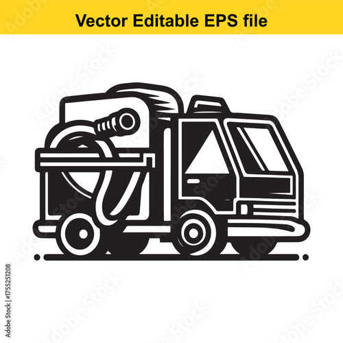 Vector art of black and white illustration of a fire truck with hose