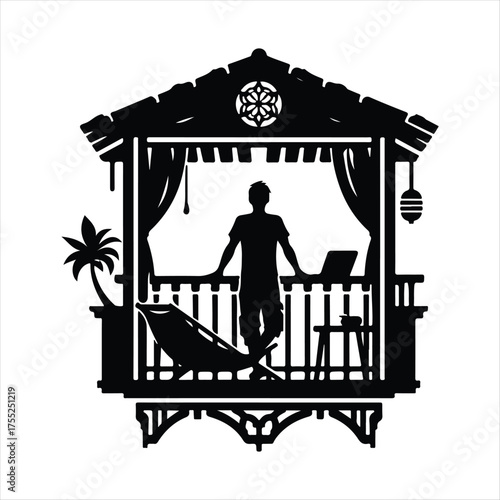Digital Nomad on Balcony vector silhouette outline logo design concept illustratio