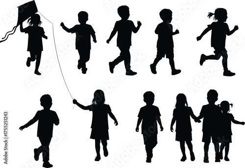 Children silhouette running, walking, flying kite, holding hands, playful outdoor activity, dynamic motion, black figure art, cad drawing flat vector illustration