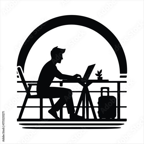 Digital Nomad on Balcony vector silhouette outline logo design concept illustratio