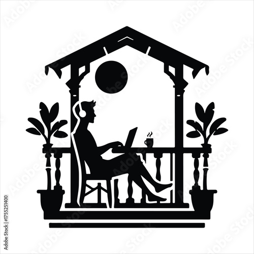 Digital Nomad on Balcony vector silhouette outline logo design concept illustratio