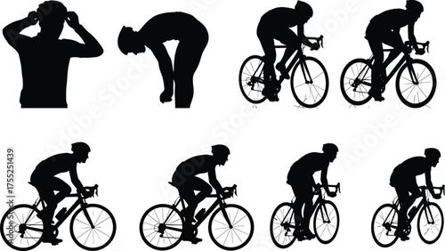 Cycling preparation silhouette, bike riding motion, helmet adjustment, pedaling sequence, active lifestyle scene, cad drawing flat vector illustration