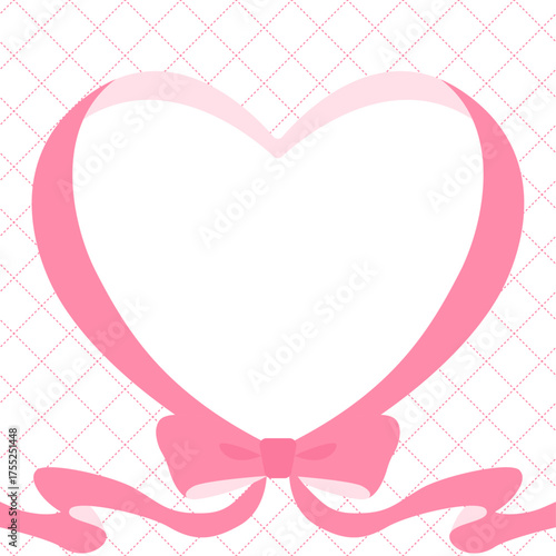 ハート型のリボンのデコレーションフレーム、斜め格子、チェック柄のパターン背景、正方形サイズ