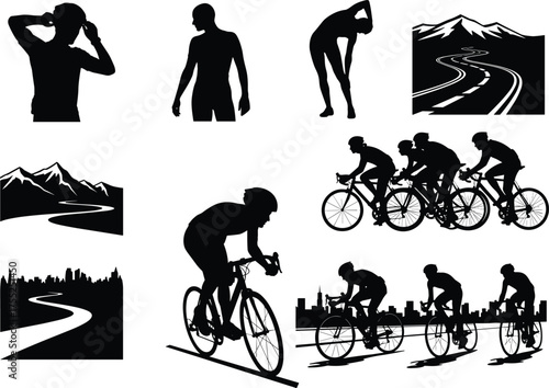 Cycling silhouette scene, helmet prep, road to mountain, city ride, group biking, active lifestyle, cad drawing flat vector illustration