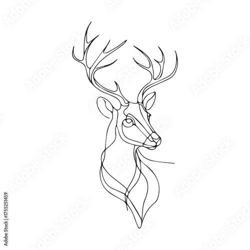 Abstract Line Art Deer Head with Antlers  , elegant line-art illustration of a deer head with magnificent antlers. 