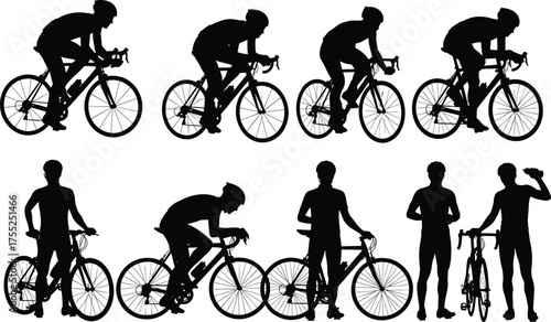 Cycling silhouettes, bike posture, rider activity, standing with bicycle, sports motion, black vector icons, cad drawing flat vector illustration