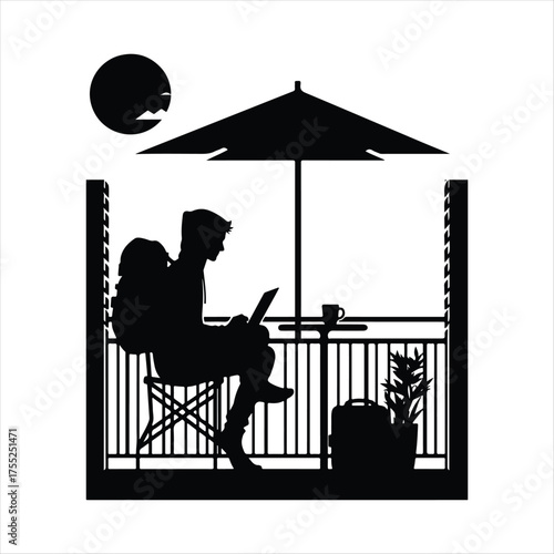 Digital Nomad on Balcony vector silhouette outline logo design concept illustratio