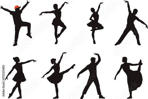 Dance silhouette, ballet pose, contemporary movement, red hat accent, cad drawing, flat vector illustration, performing arts, graceful gesture, stage icon, dancer figure