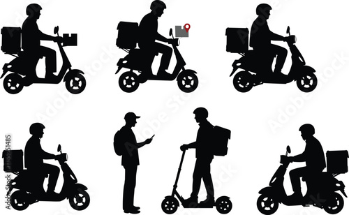 Delivery silhouette, scooter rider, mobile tracking, courier service, cad drawing, flat vector illustration, logistics icon, urban transport, gig economy, fast shipping