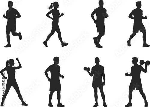 Fitness silhouette, exercise pose, running and walking, strength training, cad drawing, flat vector illustration, active lifestyle, gym icon, workout routine, health