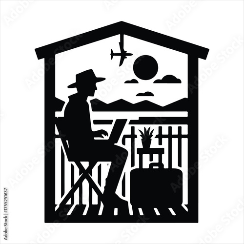 Digital Nomad on Balcony vector silhouette outline logo design concept illustratio