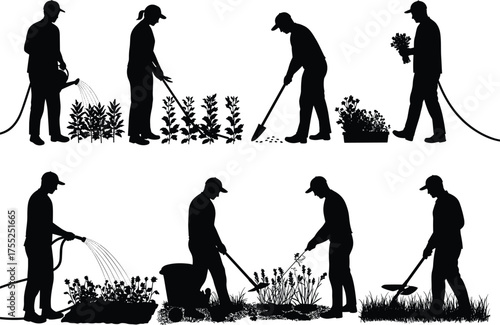 Gardening silhouette vector illustration, watering plants, sowing seeds, harvesting flowers, soil cultivation, nature care scene, cad drawing flat vector illustration