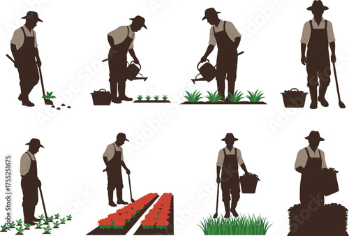 Gardening silhouette, farming activity, crop harvesting, watering plants, cad drawing, flat vector illustration, rural lifestyle, agriculture icon, outdoor labor, seasonal work
