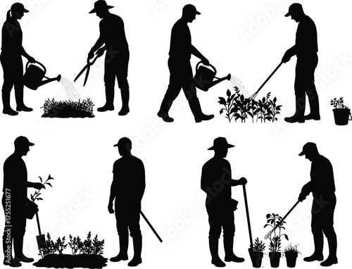 Gardening silhouette vector illustration, teamwork in nature, watering plants, pruning and planting scene, outdoor activity concept, cad drawing flat vector illustration