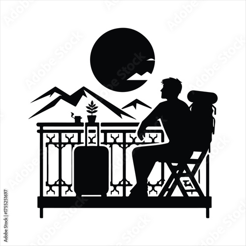 Digital Nomad on Balcony vector silhouette outline logo design concept illustratio