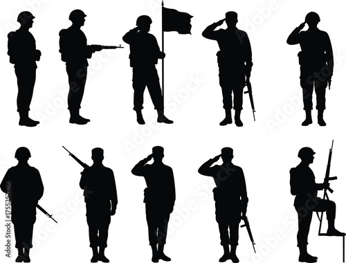 Military soldier silhouettes, army poses, rifle salute, flag bearer, cad drawing, flat vector illustration, black icons, war concept, defense personnel, uniformed troops