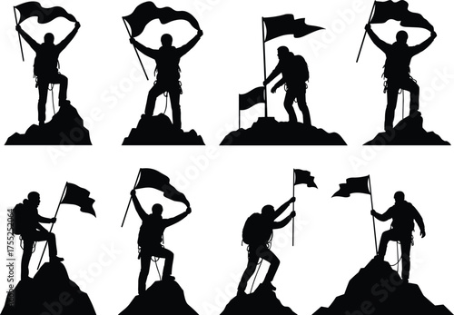 Mountain climber victory, summit achievement, flag on peak, silhouette illustration, outdoor adventure, perseverance, success, cad drawing flat vector illustration