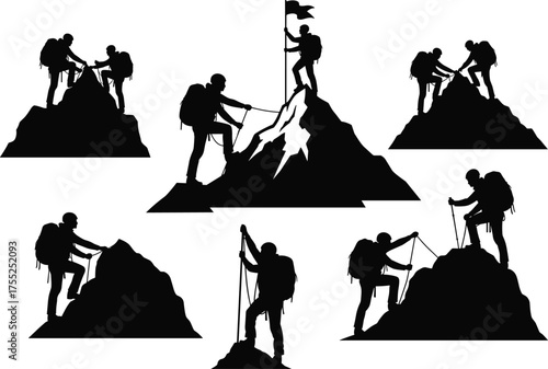 Mountain climbing teamwork, summit success, flag planting, silhouette adventure, perseverance, outdoor challenge, achievement moment, cad drawing flat vector illustration