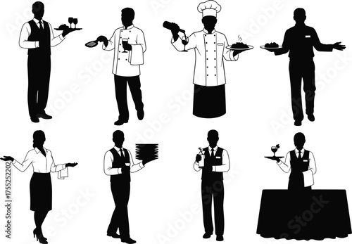 Restaurant staff silhouettes, waiter, chef, sommelier, food service roles, hospitality uniforms, black vector icons, cad drawing flat vector illustration