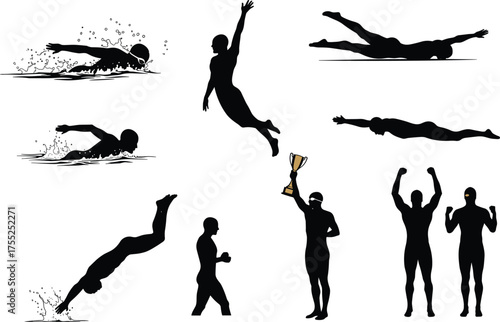 Swimming silhouette poses, freestyle, butterfly, breaststroke, diving, victory celebration, athletic motion, competitive swimmer actions, cad drawing flat vector illustration