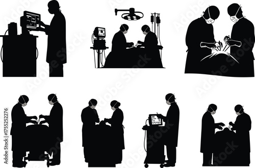 Surgical team silhouettes, operating room activity, patient care, medical equipment, healthcare professionals, black vector icons, cad drawing flat vector illustration.eps