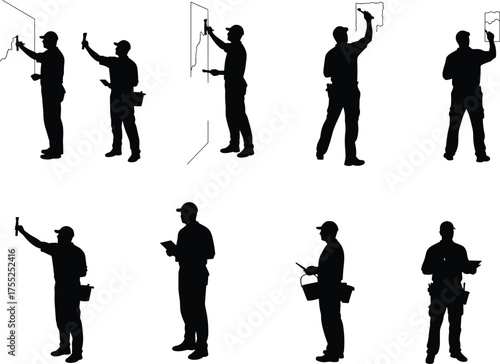 Wall painting and wallpaper installation, renovation steps, silhouette worker with tools, home improvement process, cad drawing flat vector illustration