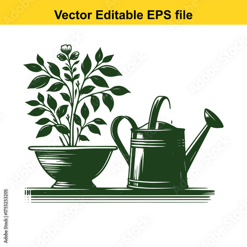 Vector art of vector illustration of a potted plant and watering can on a shelf