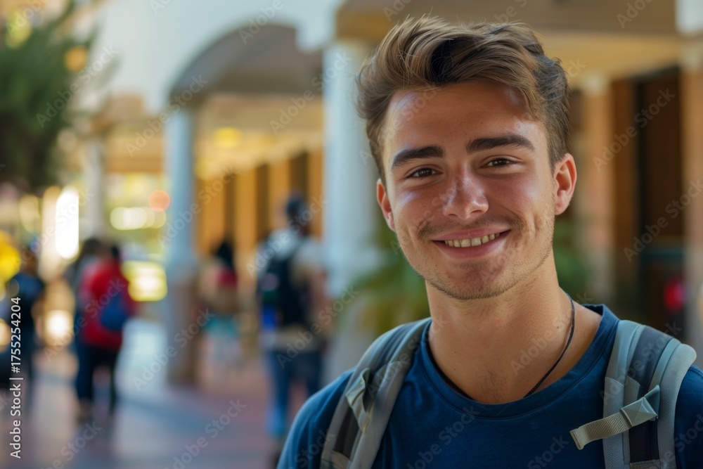 Naklejka premium Young man smiling in a busy outdoor setting