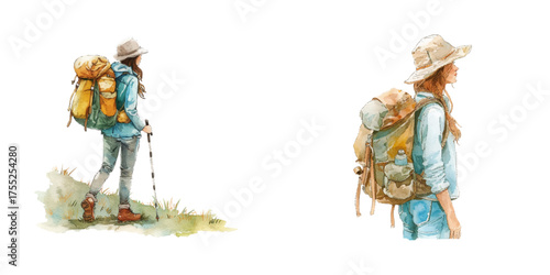 hiking woman watercolor vector illustration