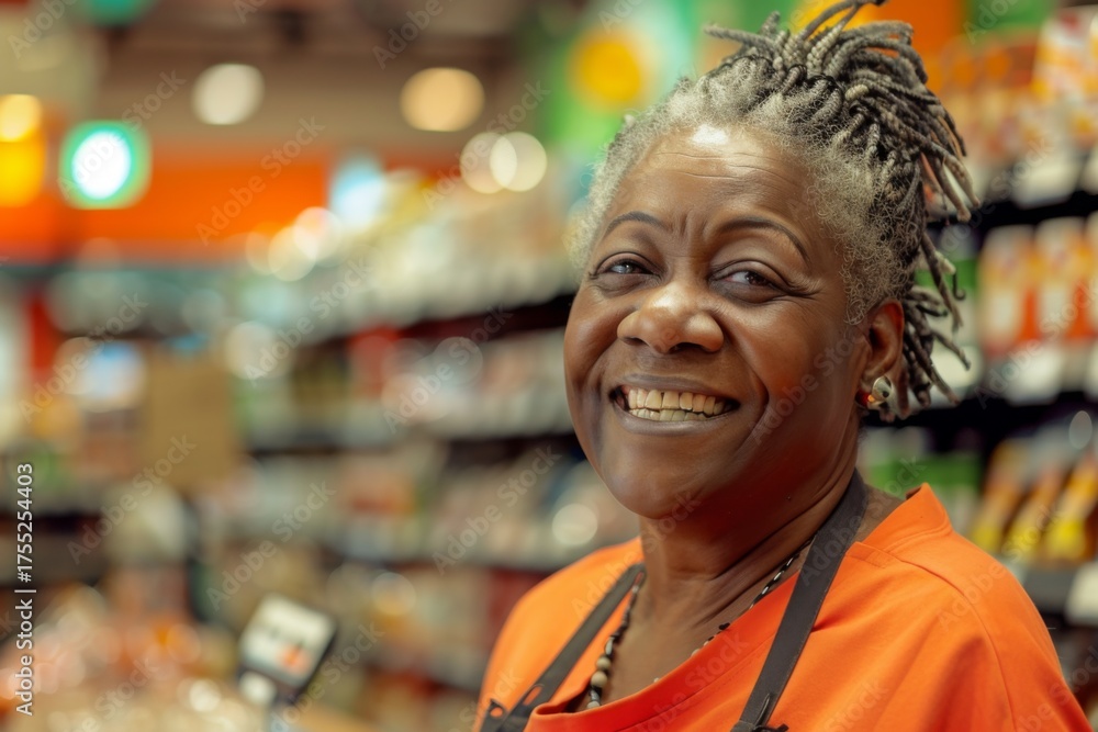 Fototapeta premium Smiling senior woman working in a grocery store