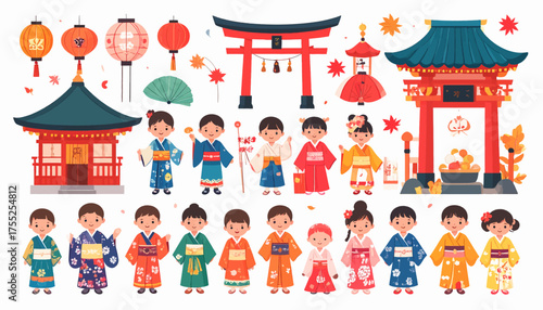 A collection of cute cartoon Japanese children in kimonos, traditional temples, torii gates, and lanterns.